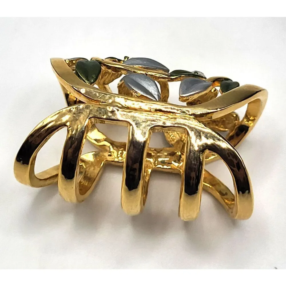 Beautiful Thick Leaves and Rhinestone Wide Ring Sz 5